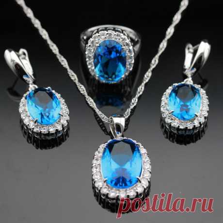 Синий топаз белый циркон ювелирные изделия устанавливает 925 серебряные серьги / подвеска / ожерелье / кольца размер 6 / 7 / 8 / 9 для женщин бесплатная коробка для ювелирных изделий JS144 купить в магазине Ashley Jewelry на AliExpress
