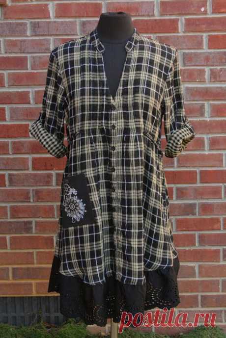 Tan, Black &amp; Metallic Plaid Multi-Size Flannel and Eyelet Tunic Dress - Upcycled | CLOTHING