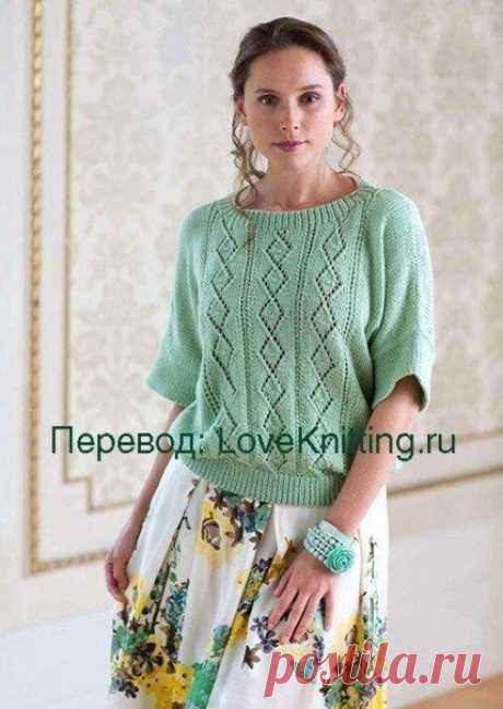 Пуловер цвета мяты

Модель из журнала The Knitter 2014 г. Перевод: LoveKnitting.ru

Элегантную модель с коротким рукавом от Sarah Hatton украшает прекрасный цвет пряжи и нежный ажурный узор.

Размер: S-M/L

ВАМ ПОНАДОБИТСЯ

400/500/500/500/500/600/600/600 г пряжи цвета мяты (100% акрил, 200 м/100 г);
спицы № 3,25 и № 4, круговые спицы № 3,25 длиной 40 см.
УЗОРЫ

Резинка 1 х 1: попеременно 1 лиц. п., 1 изн. п.;

Лицевая гладь: лиц. р. – лиц. п., изн. р – изн. п.;

Ажурный у...