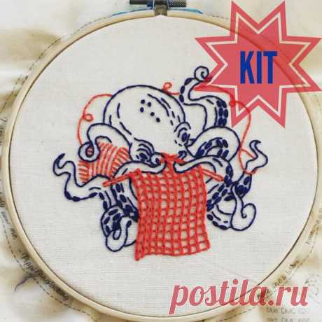 Complete Embroidery Kit: "Industrious Octopus" octopus, knitting, knitter, ocean theme, nautical, maritime, beach Octo-knitter Designed by request (multiple requests!), this multi-armed octopus is the envy of every knitter. Plus, its an octopus - which is already pretty amazing! Created using only basic stitches, this pattern is great for beginners.  =&gt; Included in the kit: • pre-printed pattern on unbleached