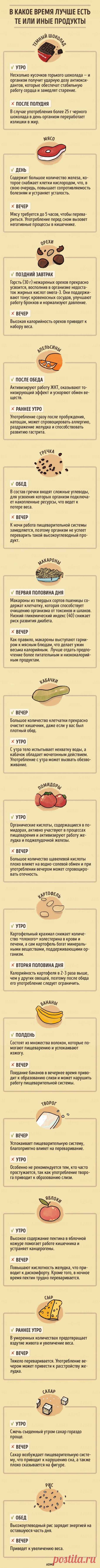 В какое время дня лучше есть те или иные продукты Все хорошо в свое время.И даже здоровые продукты лучше всего есть в определенные часы, тогда от них будет максимум пользы. Для вас инфографика, которая наглядно показывает, в какое время дня лучше все...