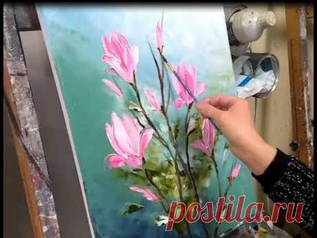 PEINTURE AU COUTEAU : LES MAGNOLIAS (KNIFE PAINTING°) par Nelly LESTRADE - YouTube