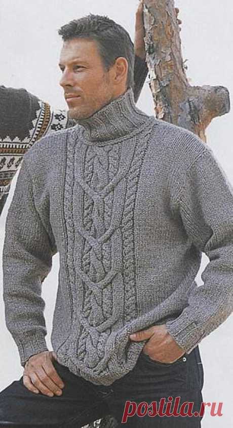 Мужской свитер с красивой центральной косой | Шкатулочка для рукодельниц