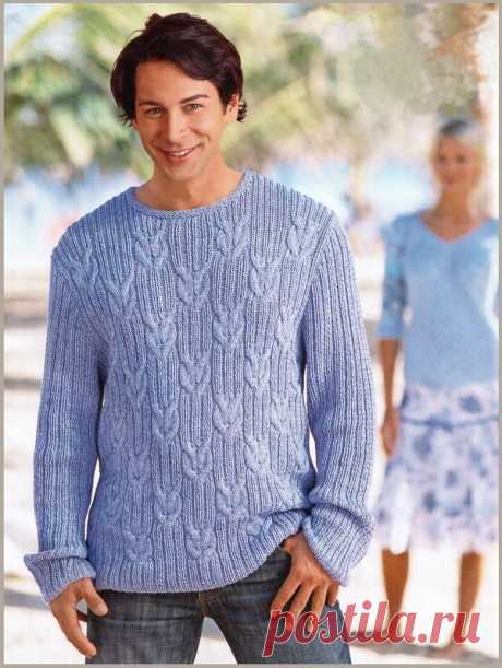 Модели вязания со схемами и описаниями: Мужской пуловер с косами спицами