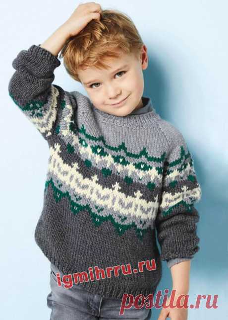 Для мальчика 2-10 лет. Жаккардовый пуловер-реглан. Вязание спицами для мальчиков со схемами и описанием