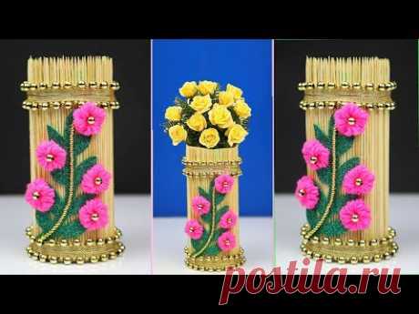 How to make a flower vase with chopsticks and plastic bottle - Best out of waste easy - DIY Projects