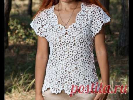 Как связать блузку.Кофточка летняя - 1 часть - Crochet blouse summer - вязание крючком из мотивов