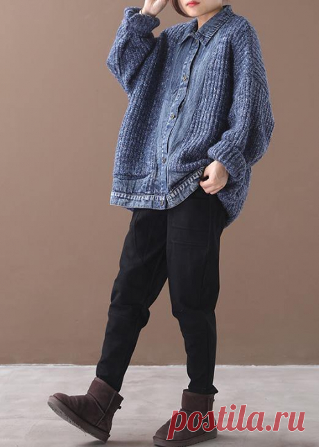 Женский синий свитер, блузка с воротником с лацканами, лоскутный свитер оверсайз – SooLinen