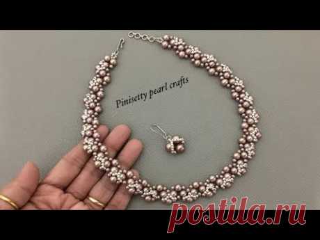 how to make beaded pearl necklace/beaded necklace tutorial/beaded jewelry making/necklace-earrings.