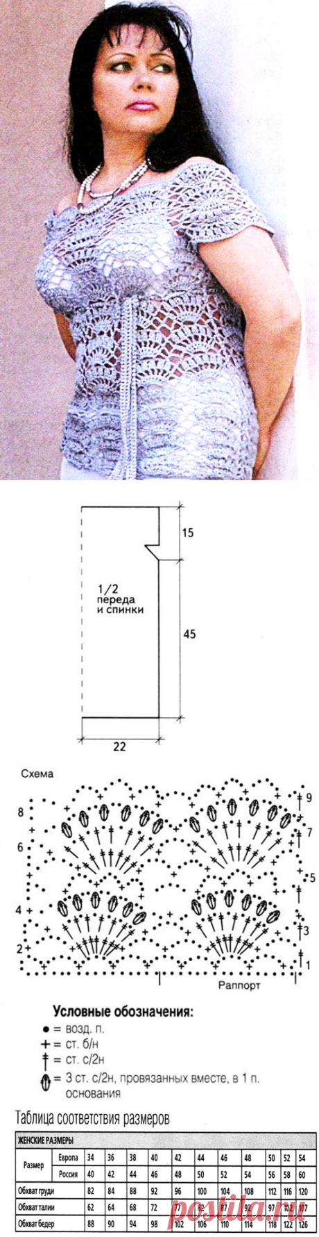 Ажурный топ Русалка для полных серого цвета крючком – схема вязания с описанием для начинающих и опытных