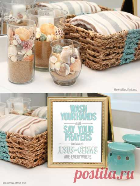 Beachy Summer Bathroom Makeover + FREE Bathroom Printable - How to Nest for Less™