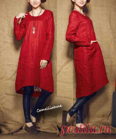 Red Tunic Dress / Longsleeve winter linen dress от camelliatune