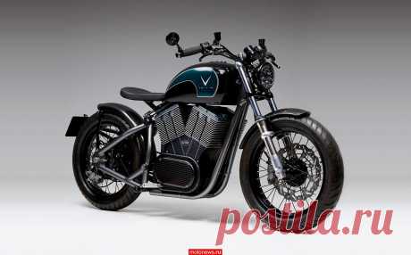 Мотоцикл Veitis Ev-Twin, родом из Великобритании, необычен по двум причинам. Байк реализован полностью на электрической тяге, и максимально «косит» под классику - боббер с V-образным мотором.