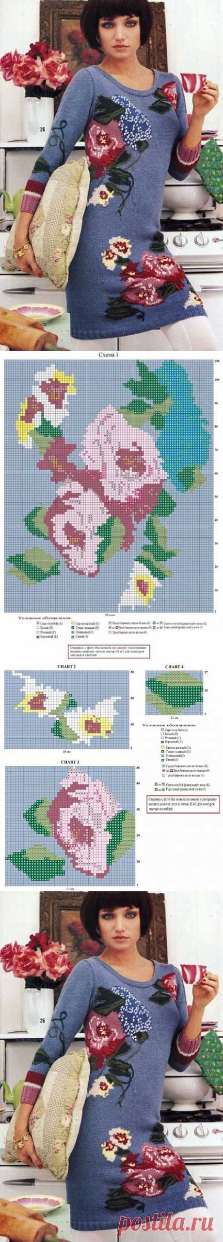 ВЯЗАНОЕ ПЛАТЬЕ С ЦВЕТАМИ..