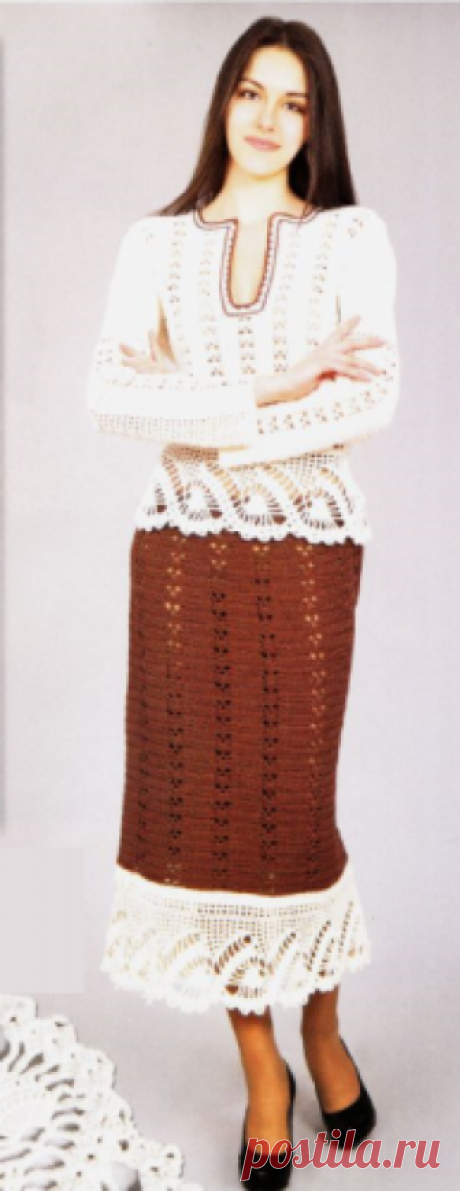 Ажурный пуловер и юбка для женщин крючком Женский костюм: ажурный пуловер и юбка, вязаные крючком.