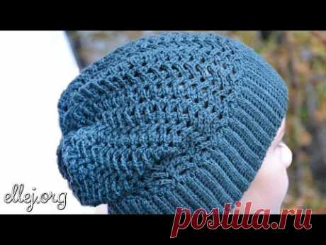 Видео урок Шапка-бини крючком узором Чайки How to crochet beanie hat МК Схема вязания для начинающих