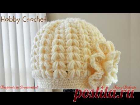 Gorro a crochet en punto puff en forma de espiga, paso a paso.