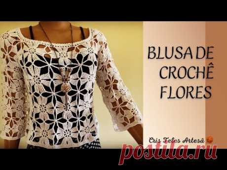 COMO FAZER BLUSA DE CROCHE FLORES  Parte 1 Square Flores por @CrisTelesCroche