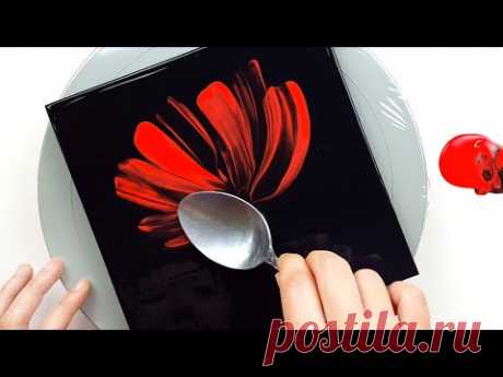 (402) One red flower  | Spoon painting | Fluid Acrylic Pouring for beginners | Designer Gemma77