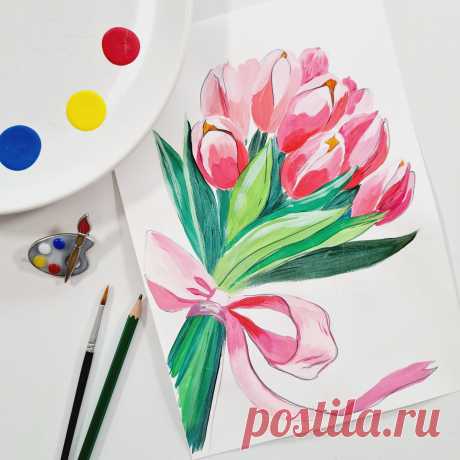 🎨 Рисуем открытку на 8-е марта. Пошаговый урок &quot;Тюльпаны&quot; 🌷🌷🌷 | Рисование для детей от 3 до 103 | Яндекс Дзен