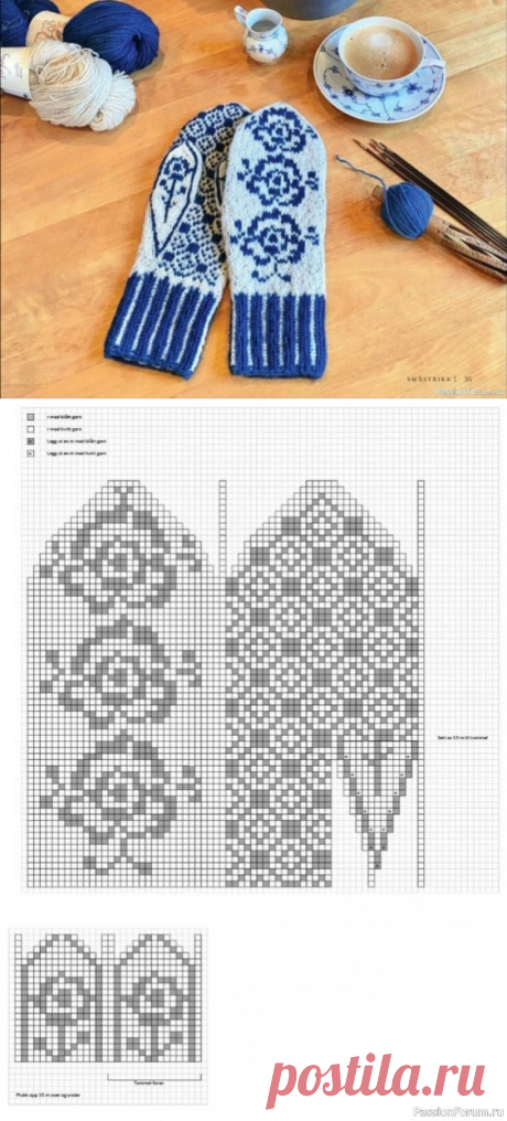 ​Жаккардовые варежки в стиле "Гжель" Схема | Куплю-продам