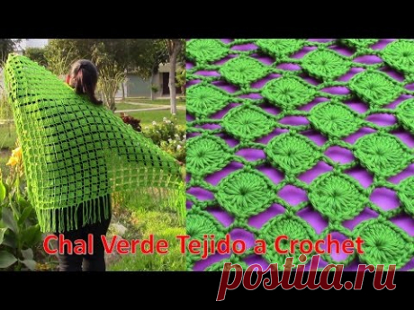 Chal Verde Tejido a Crochet en forma triangular paso a paso