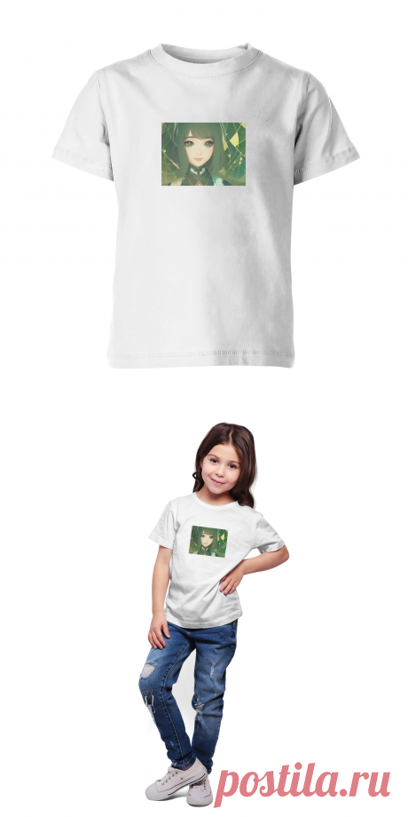 Детская футболка «Девушка с зелёными волосами, аниме арт» цвет белый - дизайнер принта Anstey