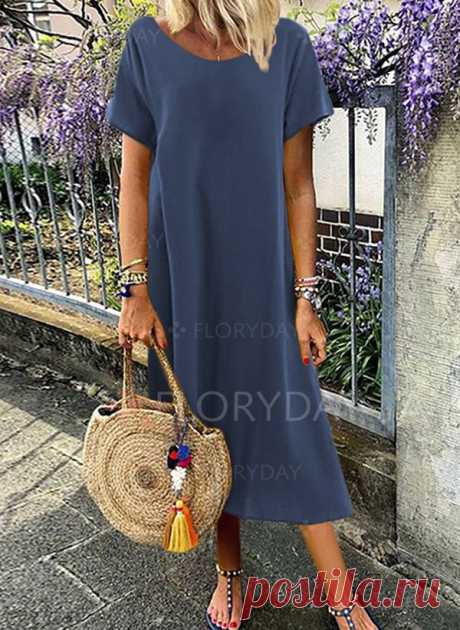 Casual Solid Tunic Round Neckline Shift Dress - Floryday