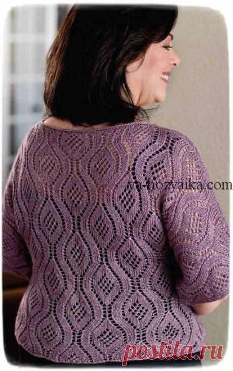 Вязаный красивый пуловер спицами из ажурных ромбов. Пуловер спицами для полных дам
