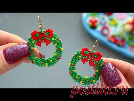 Beaded earrings Christmas wreath brick stitch