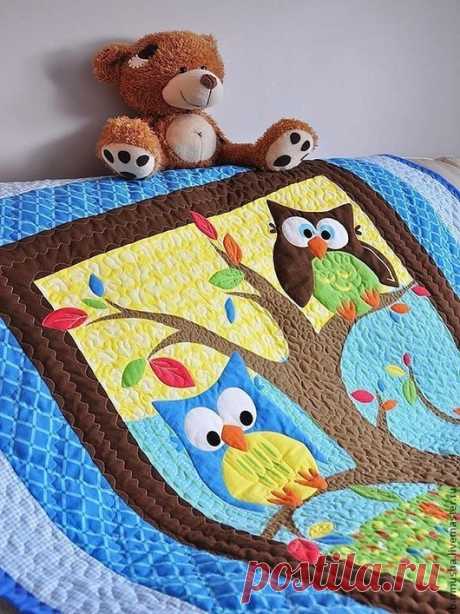 Купить Детское одеяло "Совушки" - дети, мальчик, покрывало, одеяло детское, одеяло, совы