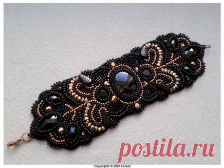 (25) Magic Spell: Misterium - bead embroidered black and copper cuff bracelet with natural onyx