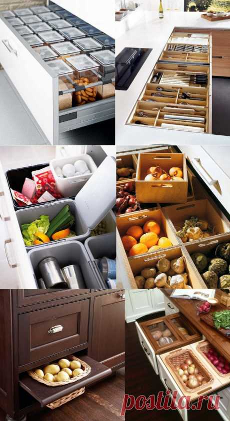 Умные ящики на кухне: организация пространства.Если у вас явно не хватает места в домике для того, чтобы разместить еще один шкаф, буфет или кухонную тумбу, стоит заняться более четкой организацией пространства, например в выдвижных ящиках.