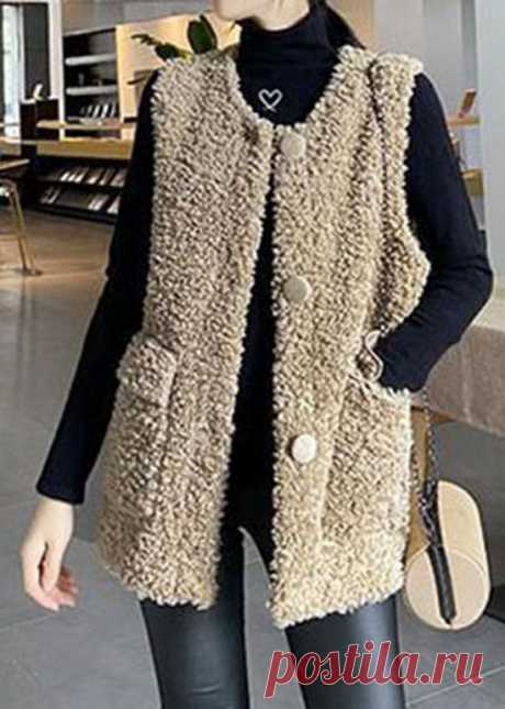 Classy Khaki Button Pockets Faux Fur Winter waistcoat – Omychic