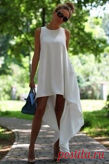 White Plain Round Neck Irregular Sleeveless High-Low Cute Dress