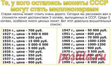 Те, у кого остались монеты СССР, могут стать миллионерами
Старая мелочь может стоить очень дорого. Сегодня мы расскажем вам о стоимости монет достоинством 5 копеек, выпущенных в СССР. Среди 5 копеек, особенно много ценных монет. Вот этот довольно внушительный список:
5 копеек 1924 г., цена - 700 руб.
5 копеек 1927 г., цена - 5 500-6 000 руб.
5 копеек 1929 г., цена - 550 руб.
5 копеек 1933 г., цена - 15 000 руб.
5 копеек 1934 г., цена - 5 000-5 500 руб.
5 копеек 1935 г. (старого образца), цена