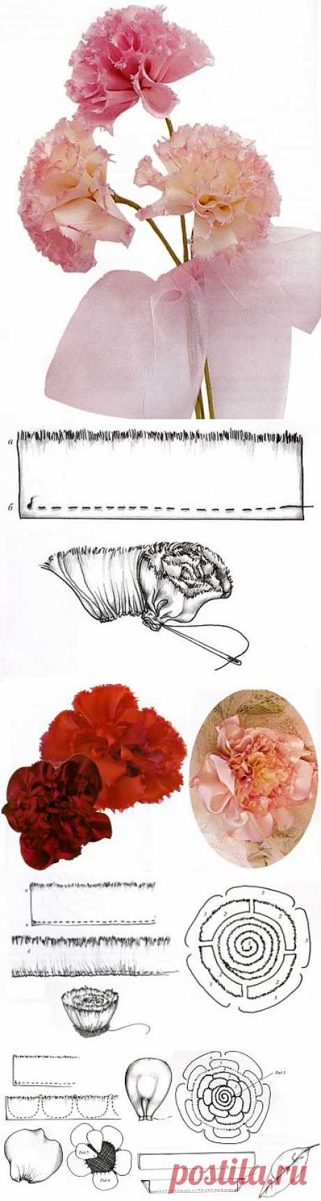 Гвоздика и пион / Цветы из лент и ткани / В рукоделии
