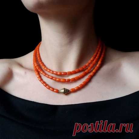 Natural Coral Necklace with Brass Bead, Orange Coral Beads, Antique Coral Jewelry, Brass Pendant Nec