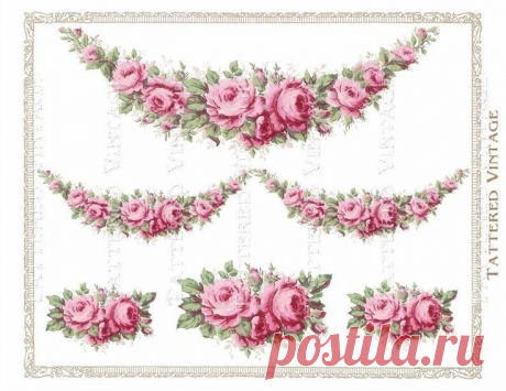 Pink Roses Garland Instant Download no.231 PNG Transfer Decals Antique Wallpaper…