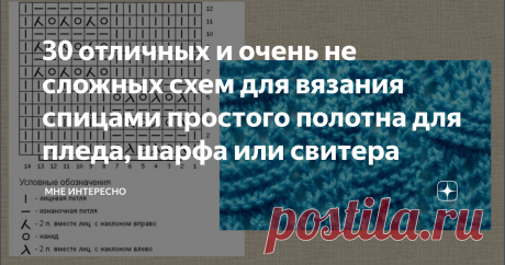 30 отличных и очень не сложных схем для вязания спицами простого полотна для пледа, шарфа или свитера Вот иногда хочется просто включить сериал, взять в руки спицы и вязать простое. Так, чтобы не слишком задумываться и заморачиваться насчет узора. То есть, пару раз глянуть и сразу выучить.
И вязать себе по прямой. Хоть шарфик, хоть плед, хоть пончо, или вообще спинку свитера.
Вот такие узорчики для вязания спицами я сегодня и собрала в своей статье. Мне нравятся, забирайте и к себе, в свои