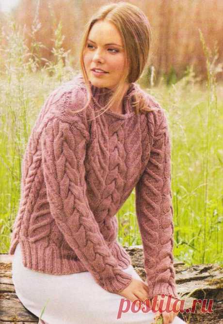 Объемный свитер спицами с узором из кос - Портал рукоделия и моды