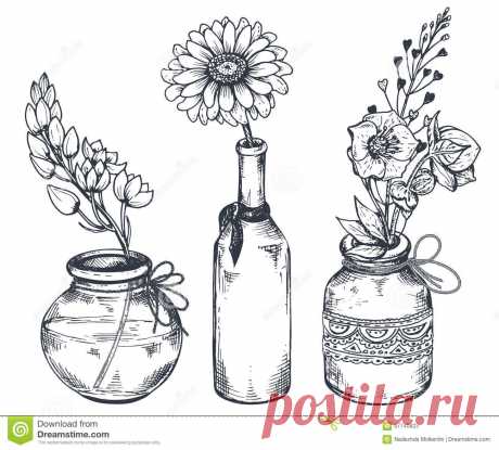 Bouquets With Hand Drawn Flowers And Plants In Vases Jars. Stock Vector 10F