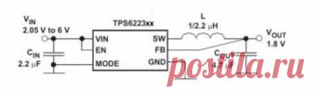 Семейство микросхем TPS6223x – это высокочастотные (до 3 МГц), синхронные понижающие DC/DC преобразователи, оптимизированные для портативных устройств с питанием от батарей. Они имеют широкий диапазон входного напряжения 2,05..6В и поддерживают выходной ток до 500 мА.