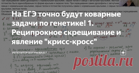 На ЕГЭ точно будут коварные задачи по генетике! 1. Реципрокное скрещивание и явление "крисс-кросс" Статья автора «Репетитор-профессионал Богунова В.Г.» в Дзене ✍: Вы хотите познавать биологию и профессионально, и с удовольствием? Тогда вам сюда!