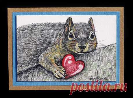VALENTINE Squirrel Hug Due to the extension of the "Colored Pencil magazine Valentine Exchange" I was able to create a few cards before the new deadline.  It turned out to be a lot of fun, and I encourage others to give it a try!  "Squirrel Hug" I took a photo of this large grey squirrel on one of my hikes. It was hot and he was stretched out, hugging the branch of the tree; arms and legs dangling. His pose worked out wonderfully for an illustration holding a heart. This i...