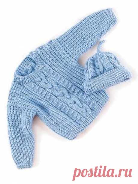 Голубой рельефный комплект Десткий комплект, который состоит из свитера и шапки, связанный на спицах. Описание дано для размеров от 3 месяцев до 12...