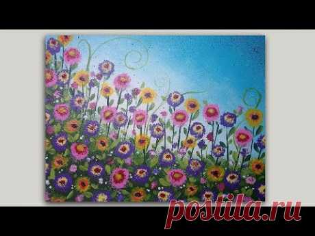 Acrylic Painting Whimsical Flower Garden on Sponge Painted Background