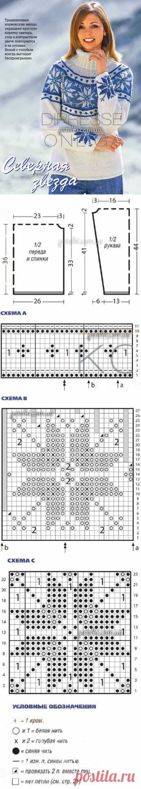 Жаккард. Свитер со снежинками. Описание, схемы вязания