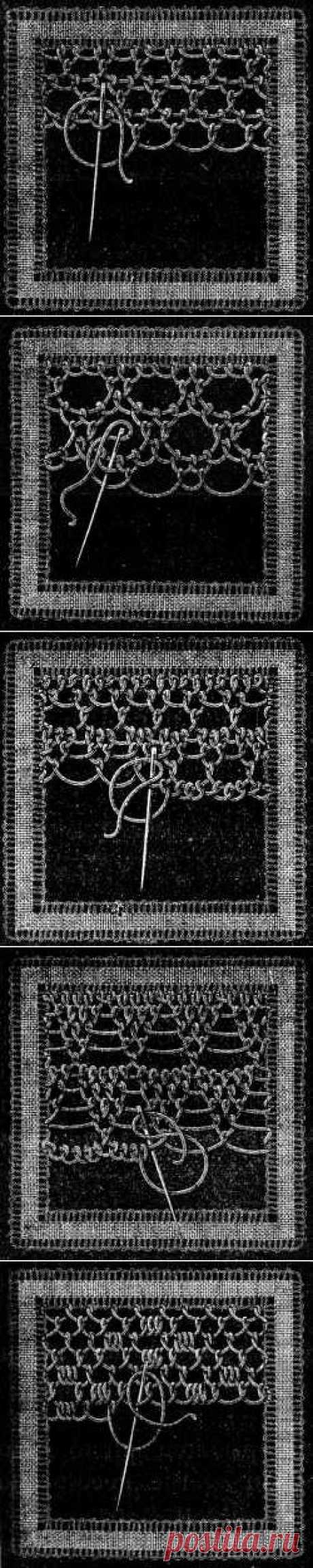 Irish Lace - Chapter XIII - Encyclopedia of Needlework, Irish lace materials, Irish lace patterns, tacking down the braids, bars of different kinds, Insertion stitches