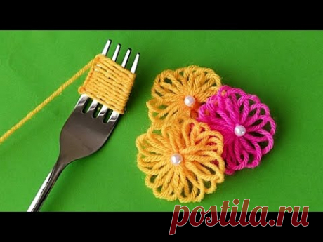 Hand Embroidery Amazing Trick | Easy Woolen Flower with Fork